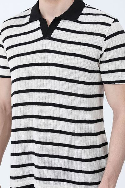 JB John Borners Men's Polo Collar Cotton Striped T-Shirt Black - 26Y 4022