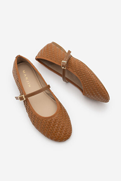 Marjin Kadın Yuvarlak Burun Bantlı Örgü Desen Mary Jane Günlük Babet Avinel Taba