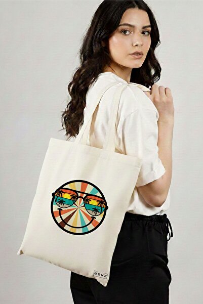BEKZ Textile Shopping Bag, Tote Bag, Tropical pattern, 38x34.5 cm, White, BEKZ®