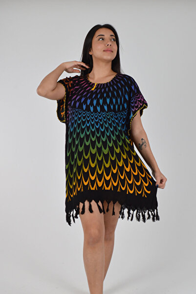 REİNA TEKS Μαύρο Φόρεμα Παραλίας με Σπιράλ Σχέδιο, Βαμβακερό Βισκόν Παρεό 1 Τ...