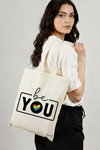 BEKZ Sacosa Cumparaturi Textila, Geanta Tote, model Be you 38 x 34.5 cm, Alb,...