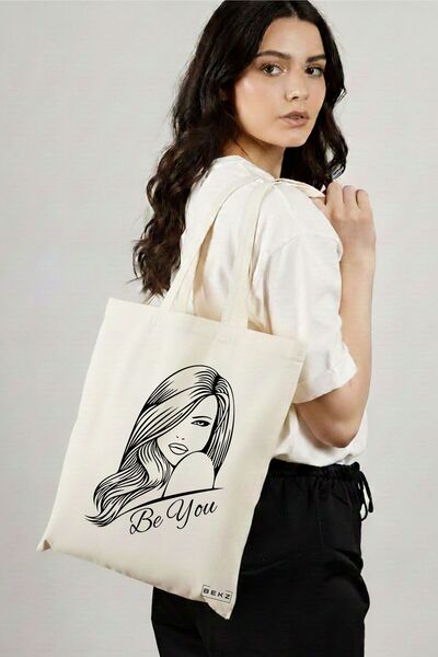 BEKZ Sacosa Cumparaturi Textila, Geanta Tote, model Be You 3, 38x34.5 cm, Alb...