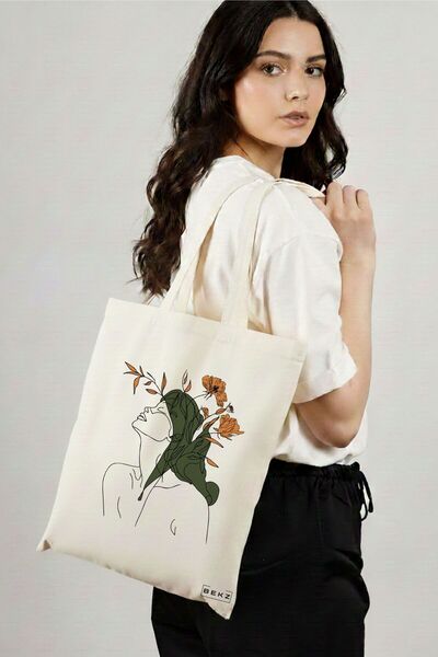 BEKZ Υφασμάτινη Τσάντα Αγορών, Τσάντα Ώμου, Flower Lady 14, 38x34.5 εκ., Λευκ...