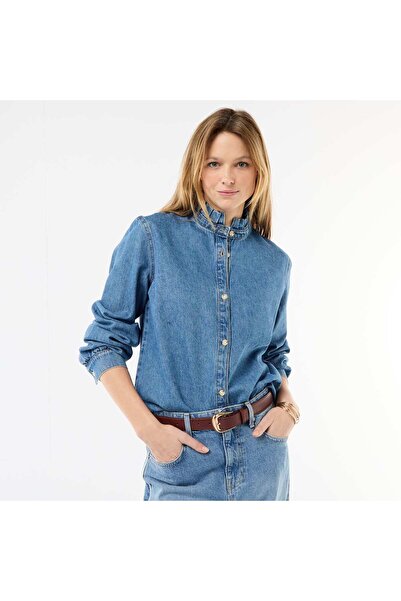 KIABI Denim Blouse with Ruffled Collar BLUE