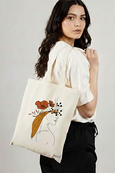 BEKZ Sacosa Cumparaturi Textila, Geanta Tote, Flower Lady 20, 38x34.5 cm, Alb...