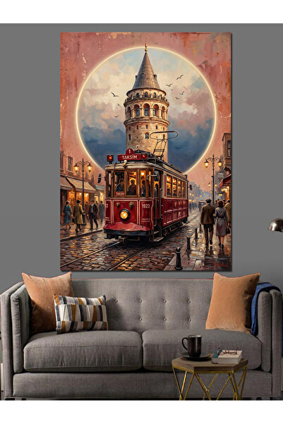 Artmeg Pânză decorativă Turnul Galata și tramvaiul roșu - Tablou din lemn MDF