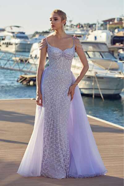 ÖMÜR INN Women's Rope Strap Stone and Bead Embellished Fish Shape Evening Dre...