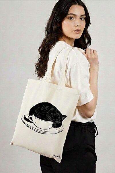 BEKZ Sacosa Cumparaturi Textila, Geanta Tote, model Caffeine Cat 22 38 x 34.5...