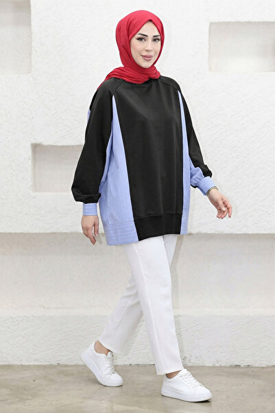 Suede Style 5553 - Άνετο, χαλαρό, βασικό γυναικείο μακρύ φούτερ με ρίγες από ...