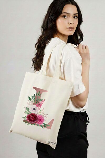 BEKZ Υφασμάτινη Τσάντα Αγορών, Τσάντα Ώμου, Με το γράμμα L σε ροζ χρυσό και τ...