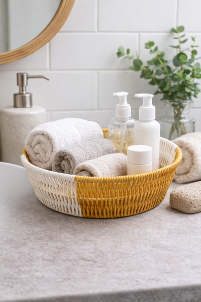 newar Double Color Rattan Bread Basket Round Fruit Basket Kitchen Bathroom Or...