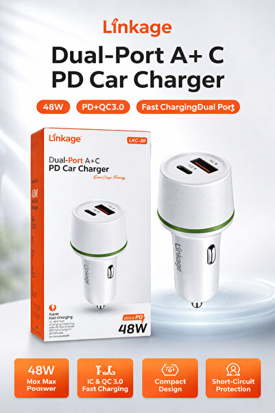 Linkage LKC-38 48W PD + QC3.0 Hızlı Araç Şarj Cihazı Çift Girişli Type-C & USB