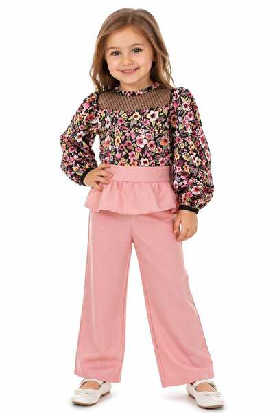 İrem Çocuk Giyim Girl's Tulle Detailed Floral Patterned Blouse and Trousers P...