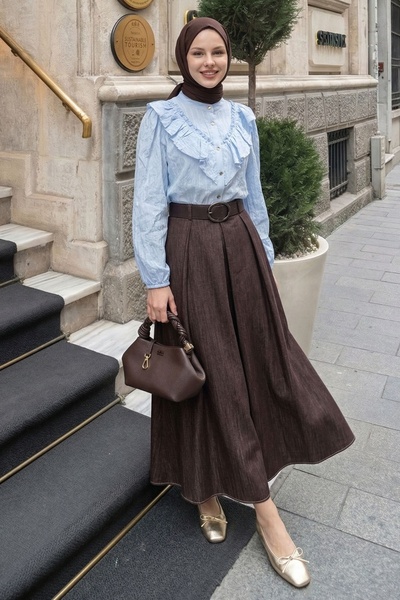 InStyle Belted Bitter Brown Denim Skirt