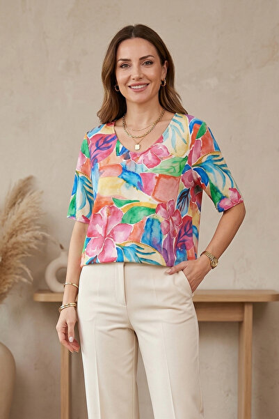 YXL COLLECTION Γυναικεία μπλούζα μεγάλου μεγέθους Lycra με λαιμόκοψη V, φλορά...