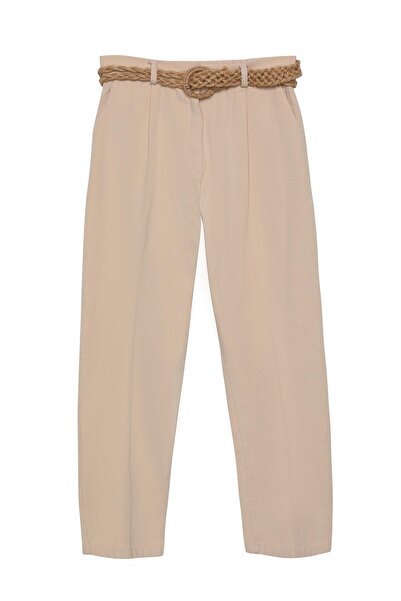 Quzu Pants with Straw Belt, Carrot Cut, Stone Color