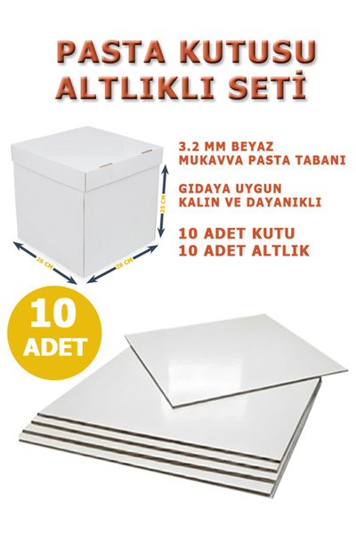 kutucum 26 X 26 X 21 PASTA KUTUSU VE ALTLIK SETİ 10 ADET BEYAZ OLUKLU MUKAVVA