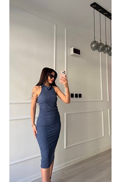 Daves Indigo Backless Wrinkled Halter Dress