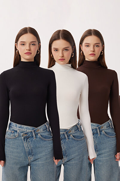 Lovelyİstanbul Συσκευασία 3 τεμαχίων Μπλούζα με ζιβάγκο από βισκόζη LRN0022 Μ...