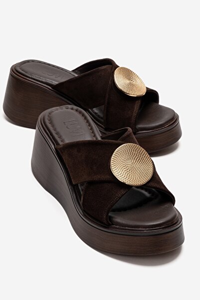 LuviShoes Γυναικείες παντόφλες με τακούνι FIANNA από γνήσιο δέρμα καφέ σουέντ...