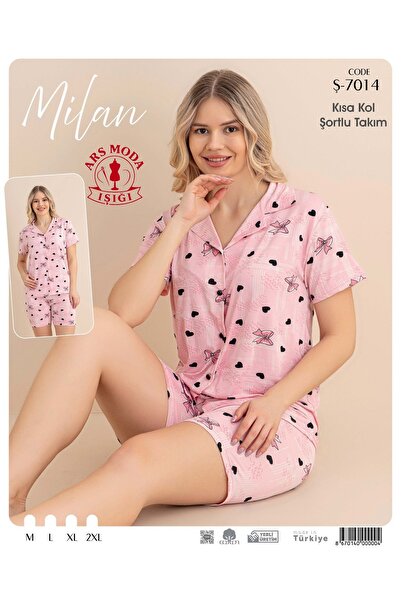 ars moda ışığı Milan Pink Ribbon Patterned Short Sleeve-Shorts Set