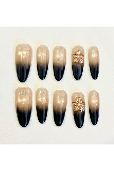 Nailvana (Μεσαίο μέγεθος) Χειροποίητα Χρυσά Νουάρ Όμπρε Νύχια Press-on (μακρύ...