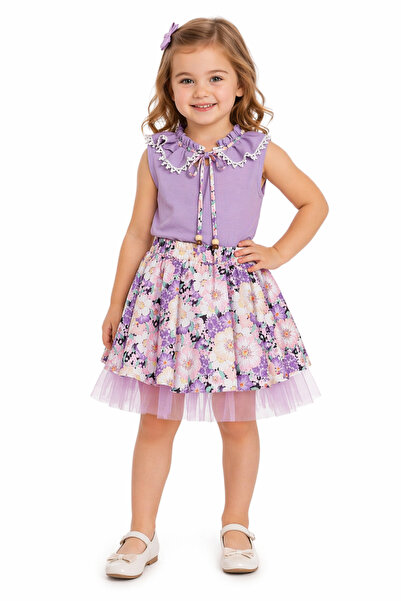 İrem Çocuk Giyim Girl's Lace Collar Detailed Tie-Down Blouse with Floral Patt...