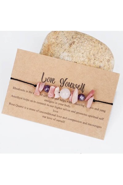 Ezera Βραχιόλι με κορδόνι  "Αγαπήστε τον Εαυτό σας " από κρύσταλλα Ροδονίτη, ...