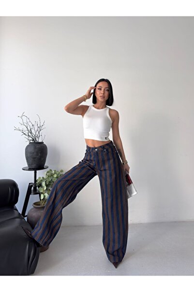 ParlaMira Γυναικείο ριγέ τζιν παντελόνι με ψηλή μέση και φαρδιά γραμμή