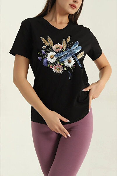 bysoca Tricou negru pentru femei, cu decolteu în V, mânecă scurtă, din bumbac...