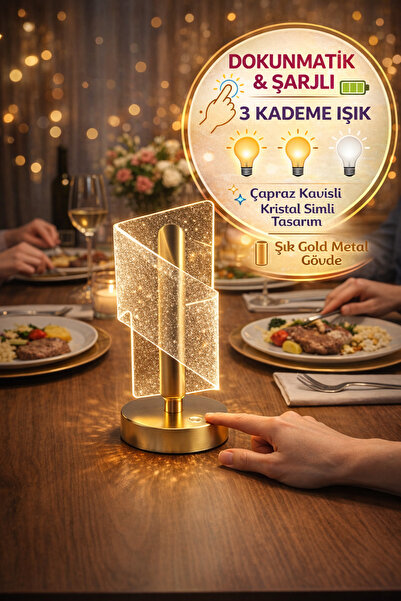 TOYFEST Dokunmatik Şarjlı LED Masa Lambası Gold Kristal Dekoratif 3 Işık Modl...