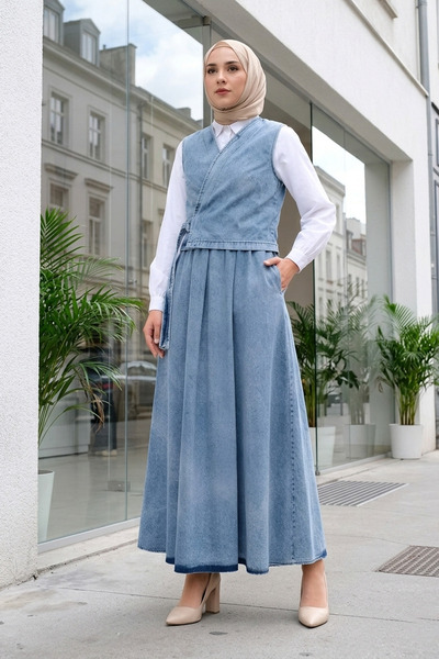 MODAQU Side-Tie Vest Skirt and Jeans Top Set - Ice Blue
