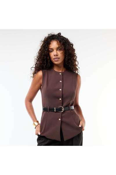KIABI Sleeveless Tailored Vest with Belt BROWN