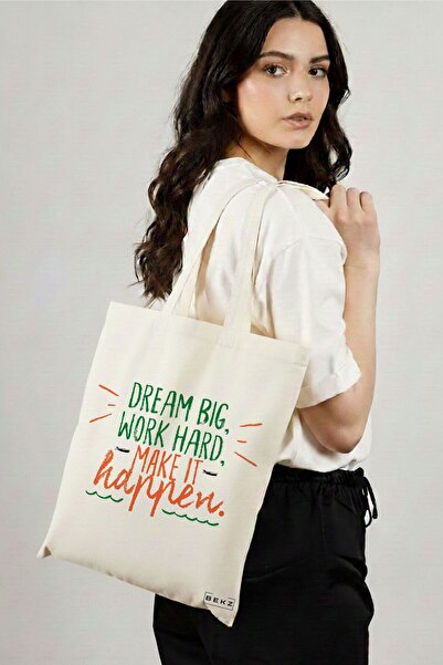 BEKZ Sacosa Cumparaturi Textila, Geanta Tote, model Dream Big, Work Hard, Mak...