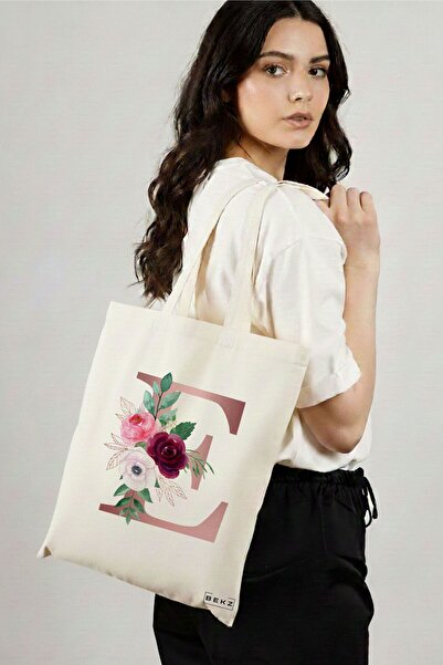 BEKZ Textile Shopping Bag, Tote Bag, With Rose Gold Letter E and Roses, 38x34...