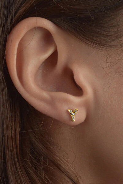 jelux silver Gümüş 925 Ayar Zirkon Taşlı Y Harfli Tekli Gold Küpe