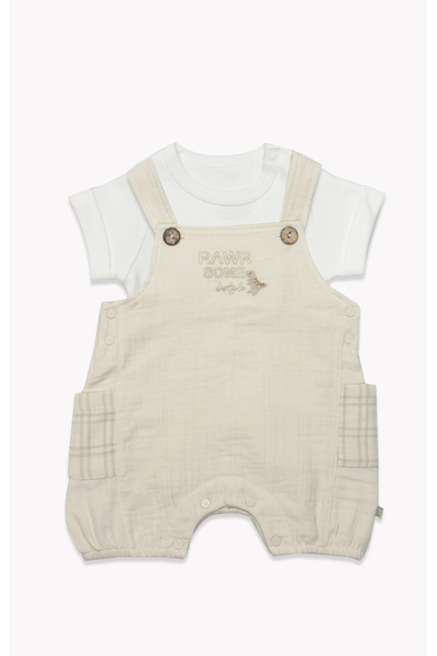 blumi kids Baby Boy Organic Muslin Salopet Set with Dinosaur Embroidery for Summer