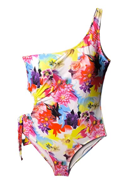 LOOK ME Abstract Floral Printed Asymmetrical Cut Side Tie Girls' Swimsuit