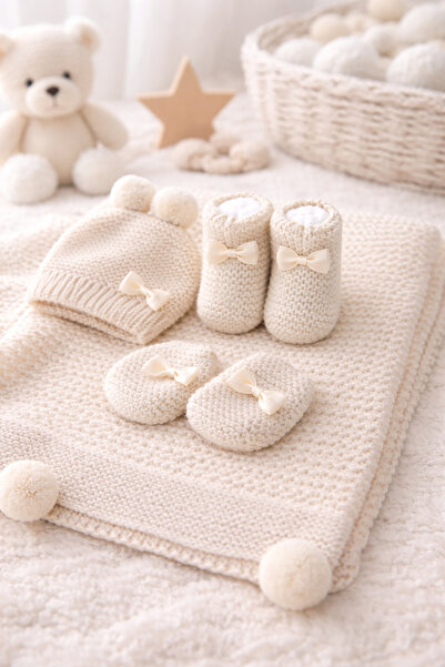 nivo baby Triko Bebek Battaniye Seti – Yenidoğan Şapka Eldiven Patik 4’lü Has...