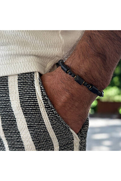 Ezera Ανδρικό βραχιόλι με κορδόνι και μαύρη τουρμαλίνη, χειροποίητο με χάντρε...