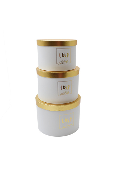 AFO Σετ 3 λευκών στρογγυλών κουτιών με σχέδιο λουλουδιών αγάπης και χρυσό καπάκι