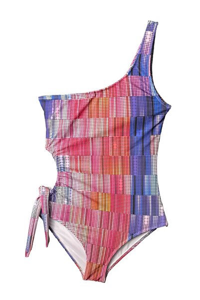 LOOK ME Geometric Pixel Printed Asymmetrical Cut Side Tie Girls' Swimsuit