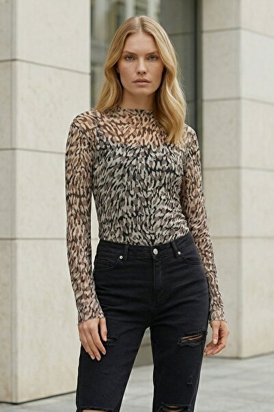 Lupinn Γυναικεία μπλούζα με λεοπάρ σχέδιο, διαφανής, από τούλι, με μακριά μαν...