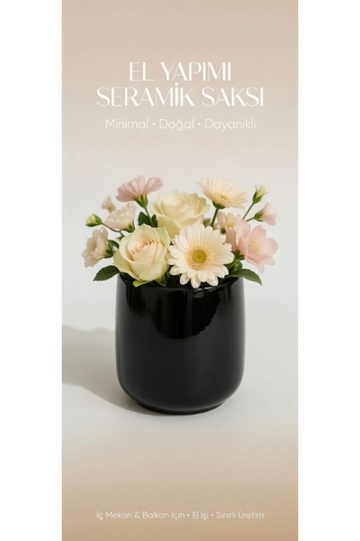 Velorahomee El Yapımı Parlak Siyah Seramik Saksı - Modern & Şık Tasarım