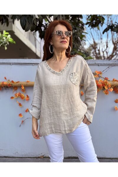 DenizEge Ιταλική λινή μπλούζα Bird Eye σε μπεζ απόχρωση