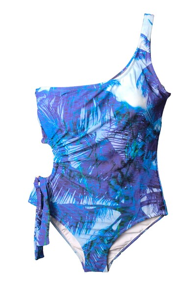 LOOK ME Exotic Leaf Print Asymmetrical Cut Side Tie Girls' Swimsuit