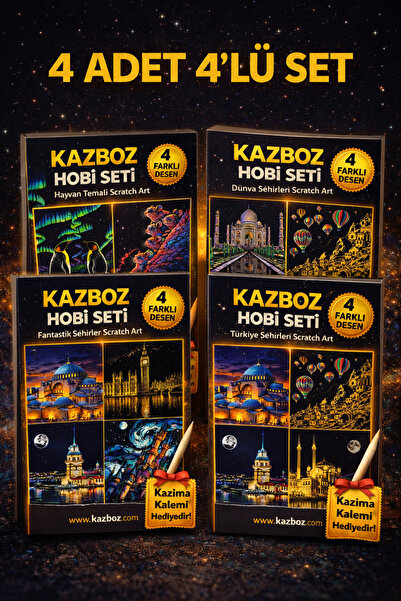 kazboz 4 adet 4'lü Set Scratch Art Kazıma Hobi Seti 16 Desen + Kalem Hediyeli