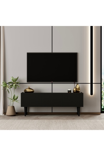 enwood Capella Tv Ünitesi siyah MDF 120 cm ayaklı kapaklı raflı