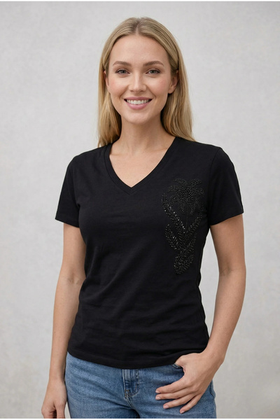 bysoca Γυναικείο μαύρο μπλουζάκι με κοντό μανίκι, βαμβακερό, με κεντημένα πέρ...