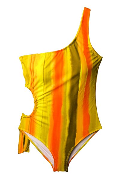 LOOK ME Vertical Stripe Patterned Asymmetrical Cut Side Tie Girls' Swimsuit